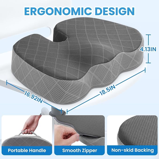 Memory Foam Office Chair Seat Cushion - Dark&Light Grey, XX-Large | for Car Seat, Airplane, Desk Chair - Sciatica & Hip & Coccyx Pain Relief Cushion for Long Sitting Office Workers, Car Drivers - Image 2