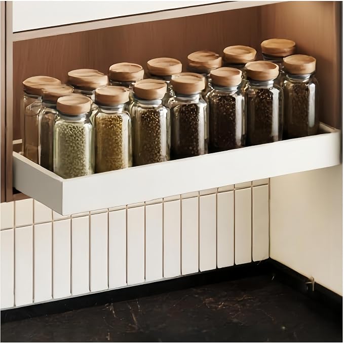 Fokyfok Pull out Cabinet Organizer,18"-25"W,10"-13"D,Expandable,Adhesive | No Drill,Upper Cabinet,Adjustable Slide out Drawers for Pantry,Roll out Shelves Short,Framless Cabinets,Kitchen,White,1PC by Fokyfok