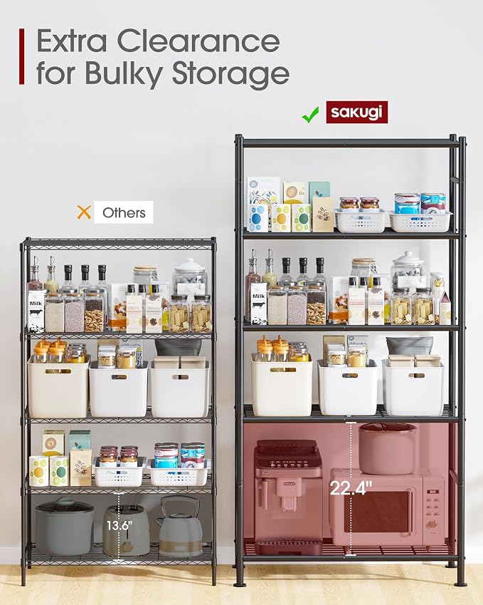 Sakugi Storage Shelves - 5 Tier Shelf Organizer, Heavy Duty Garage Shelving Unit with Leveling Feet, Stable Metal Shelves Organizer for Pantry, Kitchen and Closet, 33.0" W x 12.6" D x 72.0" H, Black - Image 5