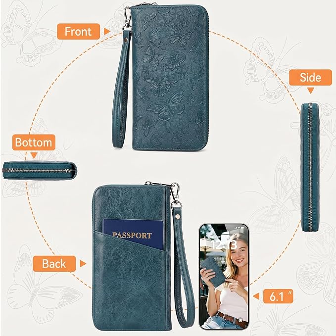 BELTANA Wallet Women RFID Blocking Large Capacity Wristlet Wallets for Women Butterfly Embossed Vegan Leather Clutch Purses with Card & Passport Holder (Peacock-Blue-Butterfly) - Image 6