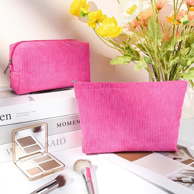 SOIDRAM 2 Pcs Corduroy Makeup Bag Large Cosmetic Bag Toiletry Bag Makeup Pouch Travel Bag Organizer Cute Makeup Brushes Aesthetic Accessories Storage Bag for Women Rose Red - Image 2