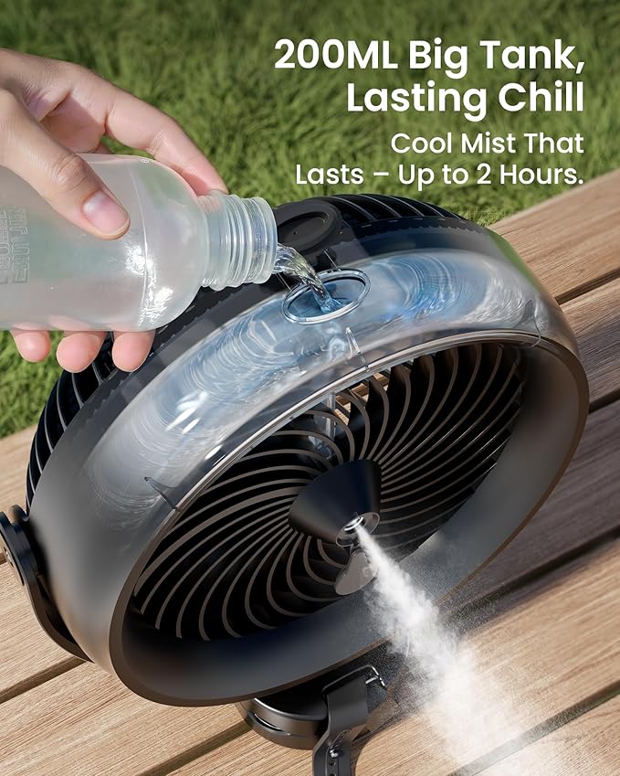 Koonie 8'' 10000mAh Battery Operated Misting Fan with Max. 48 Hrs Runtime | Portable Mist Desk Fan with Clip, 3 Speeds, 2 Spray Modes, 200ML Tank for Golf Cart Home Office Travel Camping Stroller - Image 6