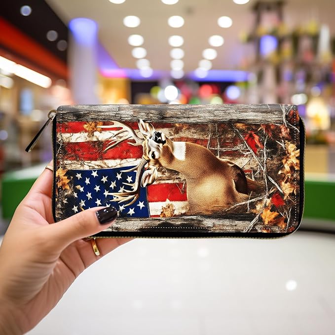 Wallet,Leather Long Wallet Suitable For Ladies And Teenagers - Detachable Wristband + RFID Travel Wallet With Card Slot - American Flag and Deer - Image 4