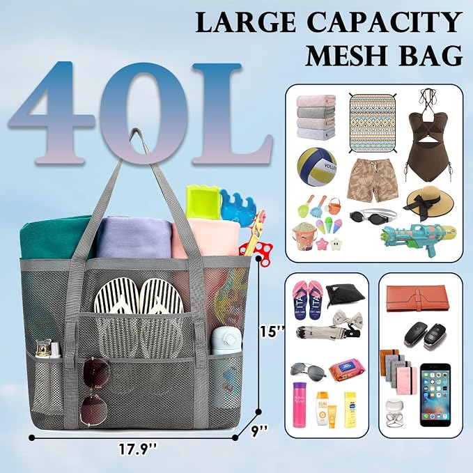 Fammart Mesh Beach Bag for Women, Large Beach Toy Pool Bag with Zipper Pocket, SandProof Cruise Essentials 2026 Family Travel - Image 5