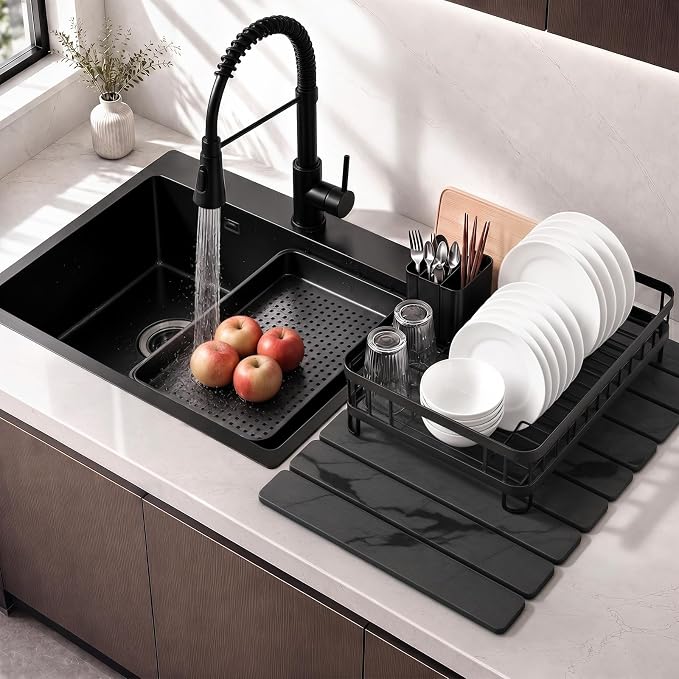 Large Stone Dish Drying Mat for Kitchen Counter, Quick Dry Stone Dishes/Bath Mats,Foldable Water Absorbing Diatomaceous Earth Drying Organizer Pad for Plate Rack Bottles Utensils(Dark Gray 24"×16") - Image 2