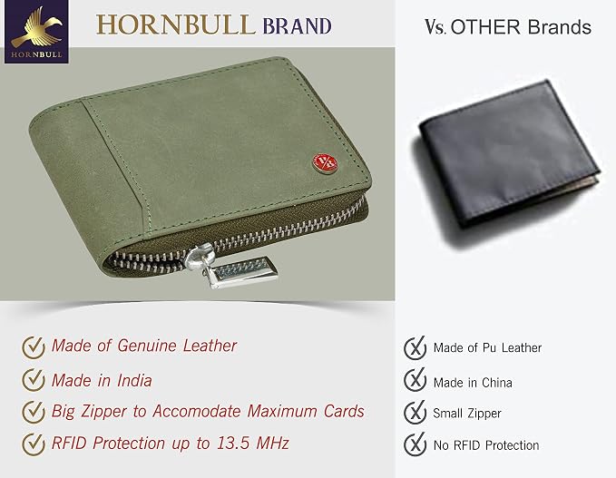 HORNBULL Steve RFID Blocking Leather Wallet for Men | Vertical Credit Debit Card Holder, Zip Around Wallet (Green) - Image 7