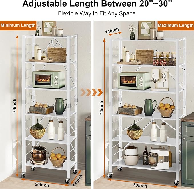 Himix 6-Tier Foldable Storage Shelves Expandable Shelf Wheels White 2-in-1 | Folding shelving units, Metal collapsible organization, Changeable into 2 shelf units, Garage, Kitchen, Holds 3600 Ibs - Image 2
