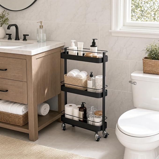 Narrow 3 Tier Rolling Cart, Slim Storage Cart for Bathroom Kitchen | 3 spacious tiers, durable carbon steel frame and smooth swivel wheels provide flexible storage and easy mobility. - Image 7