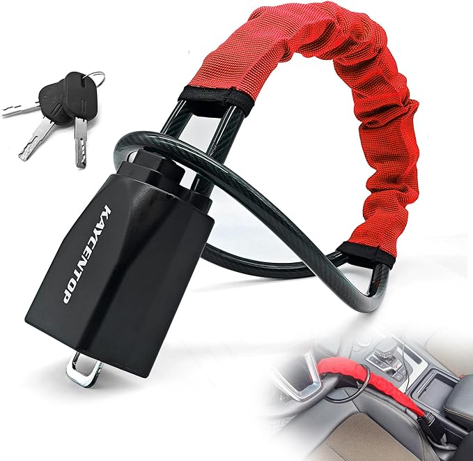KAYCENTOP Steering Wheel Lock to Seat Belt Lock Anti-Theft Car Device | Max 17'' Locking Length, Quick Lock and Compact, Security Thicken Steel Cable, Fit Most Vehicle, SUV, Golf Cart, Bright Red by KAYCENTOP