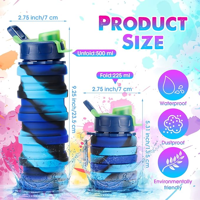 CHENGU 5 Pcs Collapsible Water Bottles for Travel 16 oz Silicone,Rainbow | Leak Proof & Portable, Reusable Foldable Water Bottles Bulk, with Metal Clip, for Camping Hiking Sports - Image 2