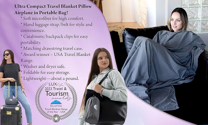BlueHills Ultra Compact and Compact Light Travel Blankets for Two Value Pack Set of 2 – Airplane Travel Essentials Soft Flight Trips Throw in Portable Cases for Car Plane Travel Gifts – Gray - Image 8
