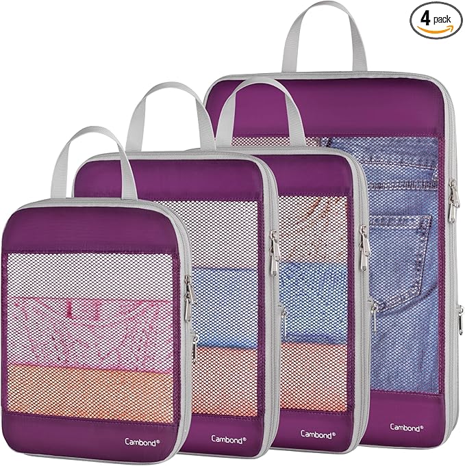 Cambond See Through Mesh Compression Packing Cubes - 4 Piece Expandable Space Saving Packing Cubes for Travel, Lightweight Travel Bags Luggage Packing Organizer Essentials for Suitcases, Purple | Keep Clothes Sorted, See Through Mesh helps quickly find... by Cambond