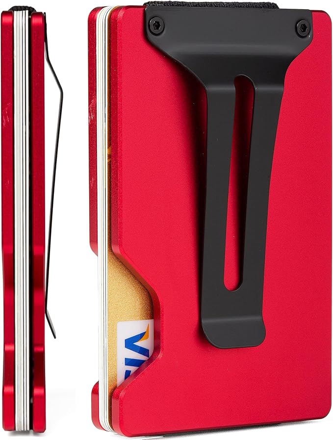 Minimalist Wallet for Men, Slim Metal RFID Blocking Wallet Credit Card Holder Money Clip & Cash Strap, Scratch-Resistant Holds 15 Cards,Ideal Gift for Men | Matte Red by Unknown
