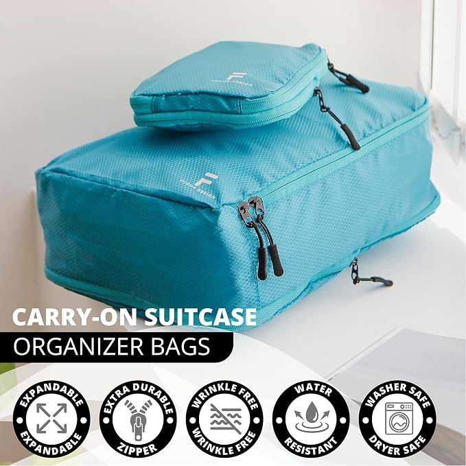 8 Piece Compression Packing Cubes Set - Double Capacity Design for Travel - Small, Medium & Large Sizes - Carry-On Suitcase Organizer Bags (Turquoise) - Image 3