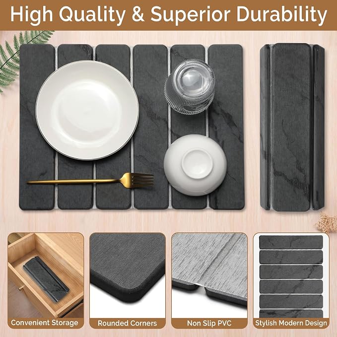 Small Stone Dish Drying Mat for Kitchen Counter, 2 PCS 16"×12" & 8"x4" Quick Dry Stone Mats, Foldable Water Absorbing Diatomaceous Earth Drying Dish Pad for Countertop Bottles Utensils Cups(Dark Gray) - Image 4