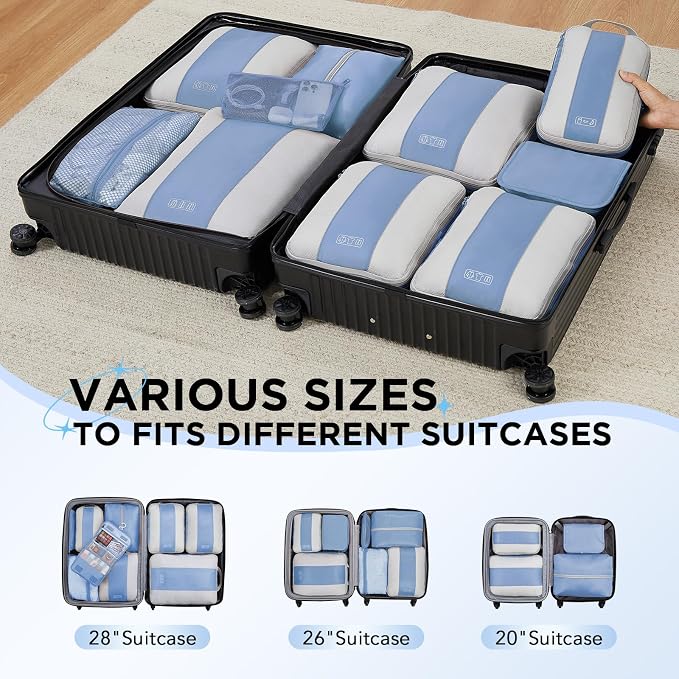 OlarHike 10 Set Compression Packing Cubes for Travel Essentials,Compressible Expandable Space Saver Bags for Organizing Clothes,Luggage Suitcase Garment Bags with Over 1000 pcs Mesh Holes(Light Blue) - Image 8