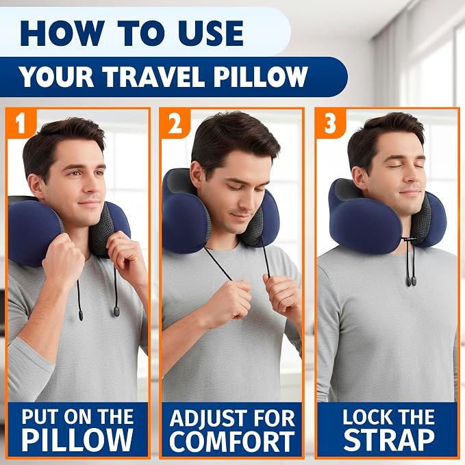 Travel Neck Pillow for Airplane, 100% Memory Foam (Blue) | 4-in-1 Set with 3D Eye Mask, Earplugs, Carry Bag, Washable Cotton Cover & Snap Buttons, Neck Pillow for Plane, Car & Train - Image 5
