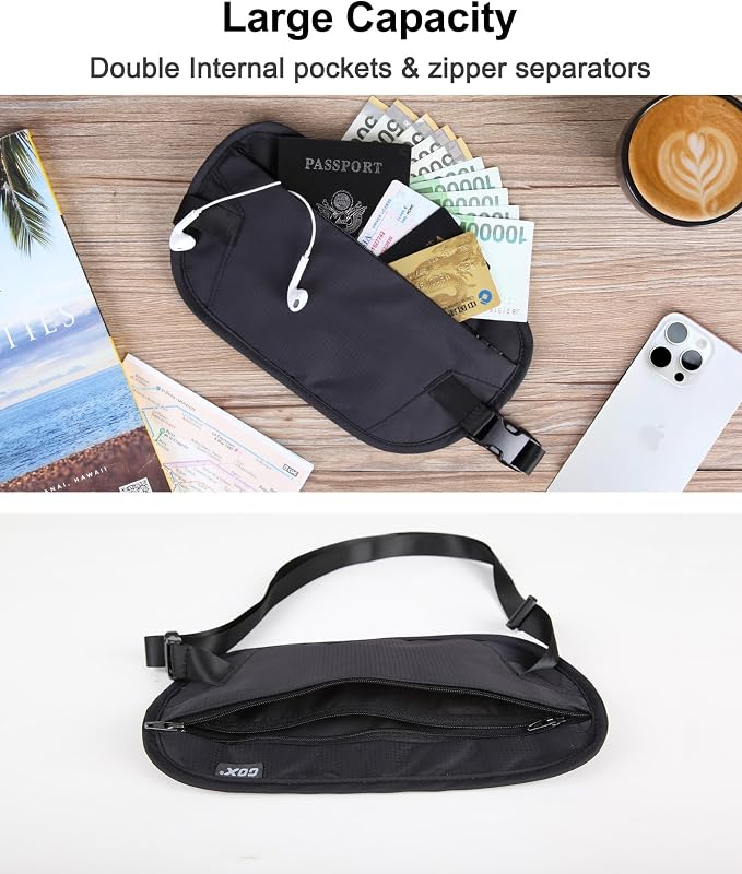 GOX Money Belt for Men Travel, Anti-Theft Hidden Waist Pack, RFID Secure Travel Belt for Men, Ultra-Thin Under-Clothes Passport Wallet with Documentry Safety & Money Holder (Black-L) - Image 8