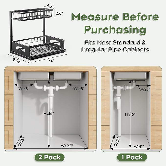 Under Sink Organizer, 1-Pack L-Shaped Metal Pull-Out Drawers for Kitchen | Cabinet Organizer Height Adjustable Heavy Duty Metal 2-Tier Storage Fits Beside Common Pipes for Bathroom Pantry - Image 2