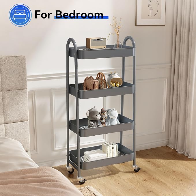 NEWBULIG 4-Tier Metal Rolling Storage Utility Cart with Lockable Wheels | Mobile Organizer Shelf, Space-Saving, Freestanding, Bathroom, Living Room, Slim, Narrow Corner Spaces, Grey - Image 7
