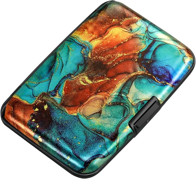 Mini RFID Aluminum Wallet Credit Cards Holder Business Card Case Metal ID Case for Men Women（Blue Brown Marble by ELFISH