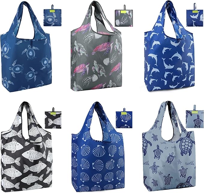 BeeGreen Animal Reusable Shopping Bags Cute Grocery Bag 6 Pack, Christmas Gift Bags Heavy-Duty Foldable Shopping Totes for Supermarket, Work & Travel, Large Washable Polyester Tote Bag with Handles by BeeGreen