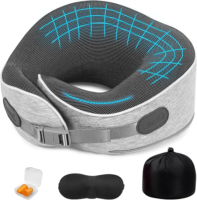 Memory Foam Travel Neck Pillow | Ergonomic 360 Degree Head Support for Airplane, Car and Office Sleeping, with Breathable Cotton Cover and Carry Bag, Gray-1 by Unknown