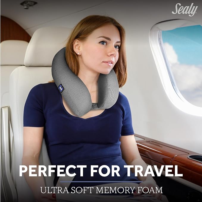 Sealy Ergonomic Memory Foam Travel Neck Pillow - Premium Cervical Neck Pillow for Airplanes, Designed for Comfort, Adaptive Ergonomic Support, Travel Essentials, Grey - Image 2