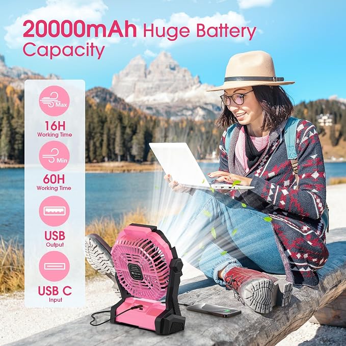 Portable Fan Rechargeable 20000mAh Cordless Battery Powered Camping Fan | with LED Lantern, Small Table Fan, USB Battery Operated Fans for Travel Bedroom Home Camping Tent Office Beach Desk Pink - Image 2