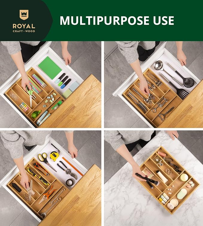 ROYAL CRAFT WOOD Luxury Bamboo Utensil Rack and Silverware Organizer, Kitchen Drawer Organizer - Utensil Holder and Cutlery Tray with Grooved Drawer Dividers for Flatware 7 Slot, Natural - Image 8