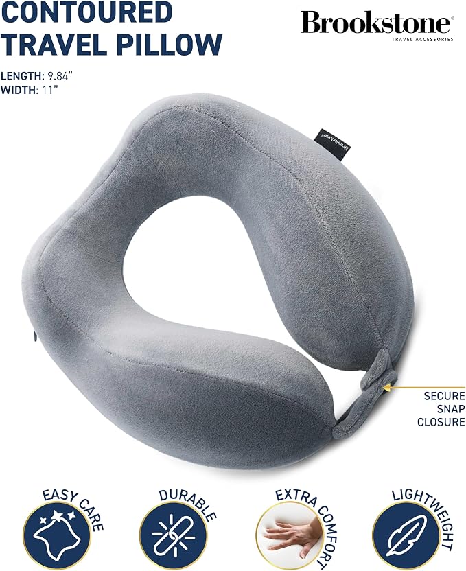 Brookstone Neck Travel Pillow - Lightweight Contoured Memory Foam Stuffable Travel Neck Pillow for Sleeping, Car, & Airplane, Size One Size, Dark Grey | Structured Shape Keeps Your Head Aligned While Seated, Soft Fleece Cover Feels Gentle Against Skin ... - Image 2