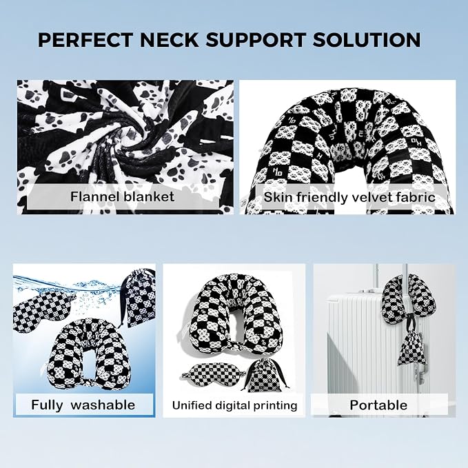 Travel Pillow with Detachable Flannel Blanket & Eye Mask – Plush Velvet Neck Support Pillow for Airplane,Car,Office Rest,Coordinated Digital Print Set (Black Dog Claw Grid, 50in * 60 in) - Image 3