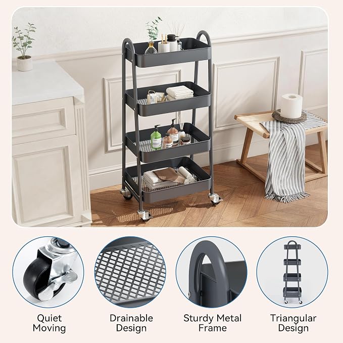 OLIXIS Metal 4 Tiers Rolling Storage Utility Cart with Lockable Wheels | Mobile Organizer Shelf, Space-Saving, Freestanding, Bathroom, Living Room, Slim, Narrow Corner Spaces, Gray - Image 2