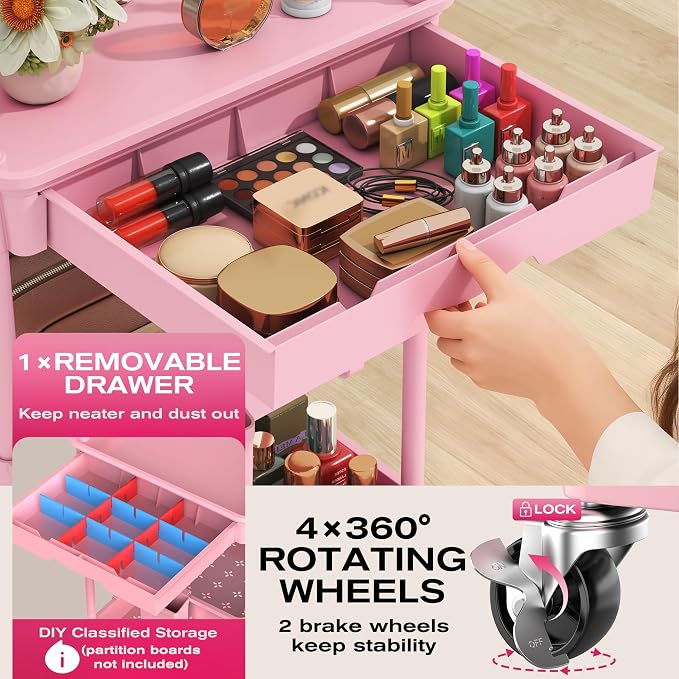 Goovilla Rolling Makeup Organizer Cart with Removable Drawer, 4 Tier Pink | Stable Floor Skincare Storage Cart for Vanity, Cosmetic Display, Nail Polish, Perfume, Hair Stuff, Beauty, Bathroom(Plastic) - Image 3