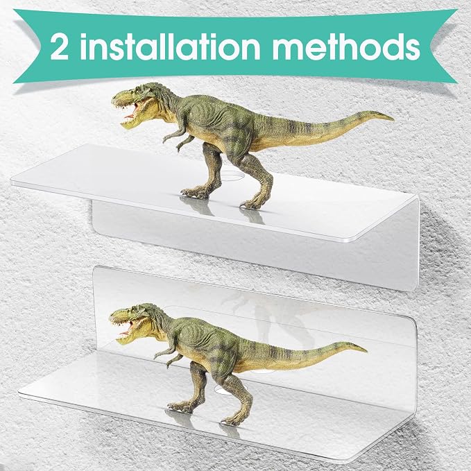 Maitys 8 Pcs Clear Acrylic Floating Shelves Back to School Supplies 9 Inches Adhesive Wall Mounted Shelves No Drill Hanging Acrylic Wall Display for Living Room Bathroom Bedroom Kitchen Office - Image 4