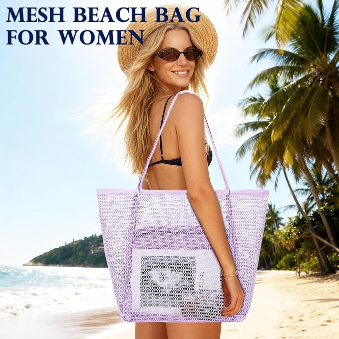 Fammart Mesh Beach Bag for Women, Summer Straw Tote Hobo Pool Bags with Zipper Pocket, Travel Vacation Cruise Essentials 2026 - Image 3