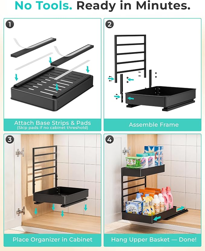 EVERIE Metal Pull Out Slide Shelf Organizer for Under Sink Organization in Kitchen, Bathroom, Counter, Cabinets, Minimum Available Space 13" Wide x 16.5" Deep (Black, 1 Set) - Image 7