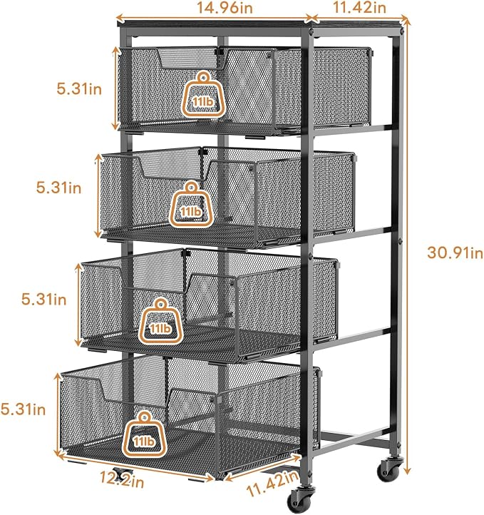 4-Tier Fruit Vegetable Storage Cart - Kitchen Organizer and Storage Cart with Wheels, Wooden Top Metal Wire Fruit Vegetable Rack Stand with Drawers to Storage Cans Snacks for Kitchen(Patent Pending) - Image 7
