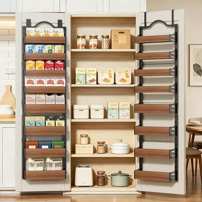 8-Tier Pantry Door Organizer, Over the Door Pantry Organizer with Wooden Adjustable Baskets, 2 IN 1 Spice Rack Wall Mount or Door Organizer, Door Spice Rack（12.4"W x 5.5"D x 66.1"H,1 Pack, Black) - Image 9