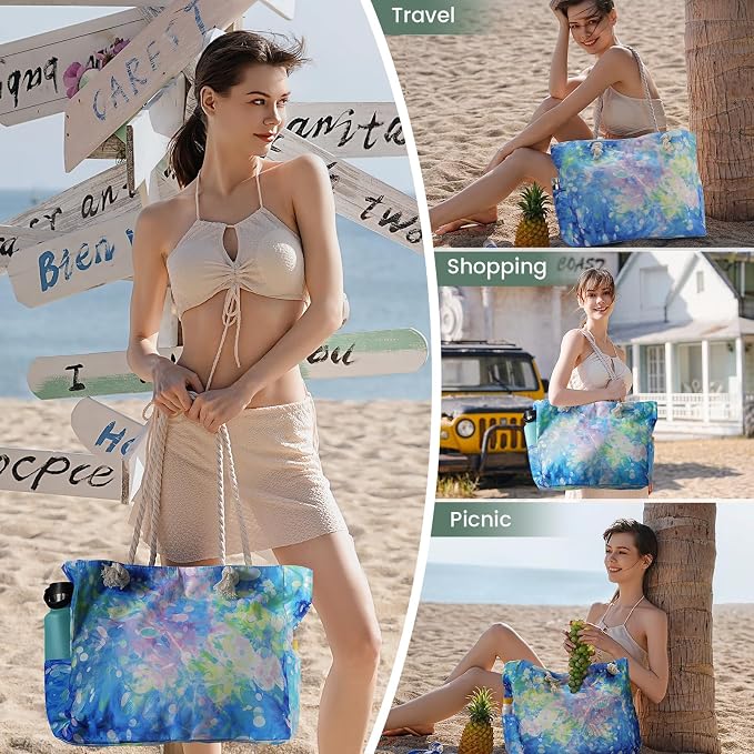 Clothirily Beach Bag for Women, Large Beach Tote Bag Waterproof with Zipper | Large Capacity Swim Pool Bag, Inner Pockets, Sandproof Foldable Beach Tote for Travel Essentials - Image 8