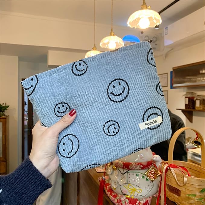 Cosmetic Bags for Women - Corduroy Cosmetic Bag Aesthetic Women Handbags Purses Smile Dots Makeup Organizer Storage Makeup Bag Girls Case Bags (A-Blue) - Image 2
