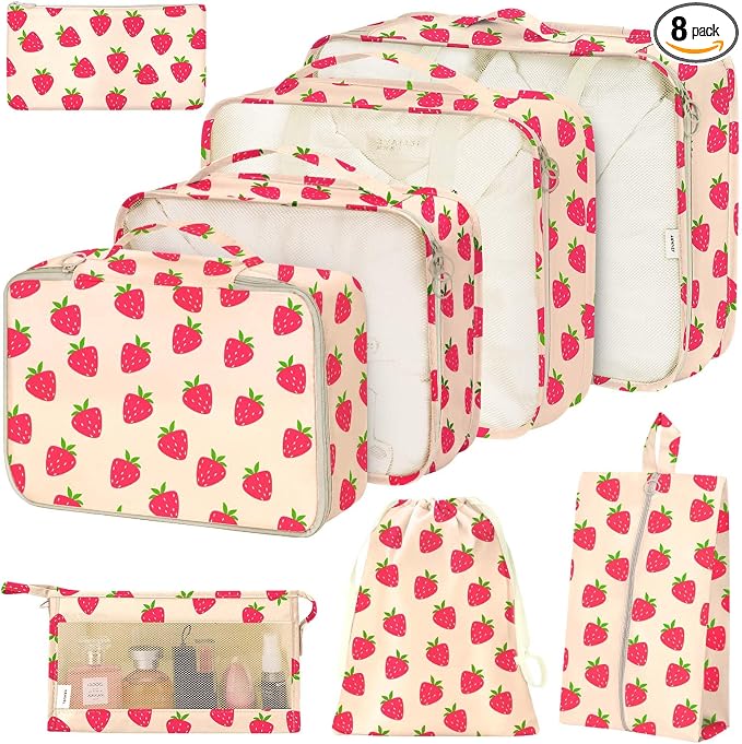 8 Set Packing Cubes for Suitcases,Packing Cube with Shoe, Cosmetics, Clothing, and Accessories Bags Packing Cubes for Travel Luggage Organizer Women Men(8 Set Strawberry) by Hatisan