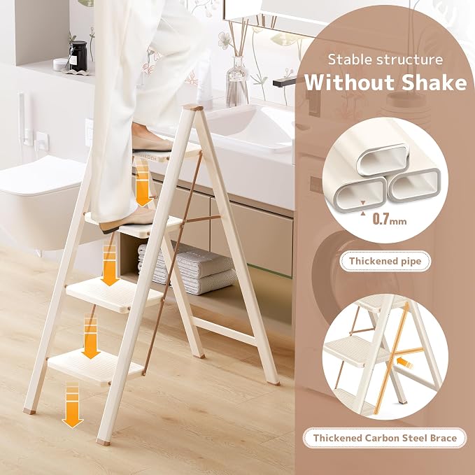 4 Step Ladder, Foldable Step Stool with Wide Anti-Slip Pedal | Portable, Sturdy Carbon Steel, 330LBS Capacity, Easy Storage, Space Saving, for Kitchen, Closet, Cream Chocolate - Image 4