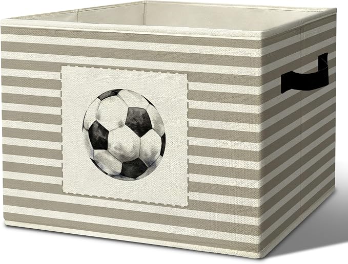 Rustic Soccer Ball Storage Bins Boxes Handles | grey striped nursery foldable basket for organizing bedroom toddler playroom by Unknown
