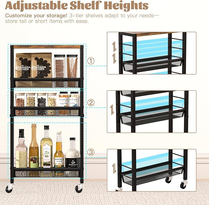Narrow Storage Cart with Wheels,4-Tier Narrow Kitchen Carts Slim Rolling Cart,Skinny Storage Cart for Small Spaces,Rolling Utility Cart for Livingroom,Diningroom,Office,Laundry Room,Bathroom - Image 3