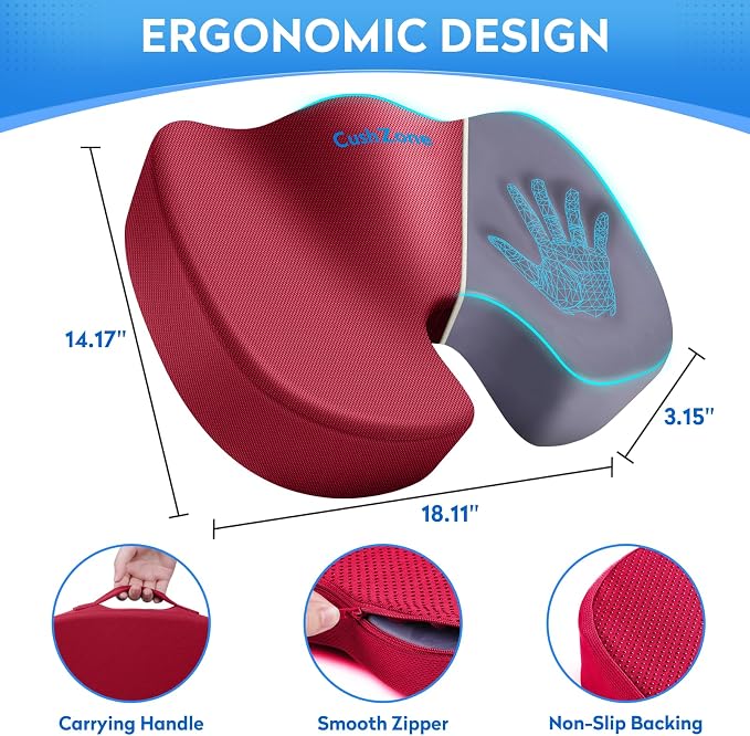 CushZone Memory Foam Seat Cushion for Office Hair, Car & Wheelchair, Red | U-shaped Coccyx Cutout, Contoured Design, Breathable Removable Mesh Cover, Non-Slip Base, Carry Handle - Image 4