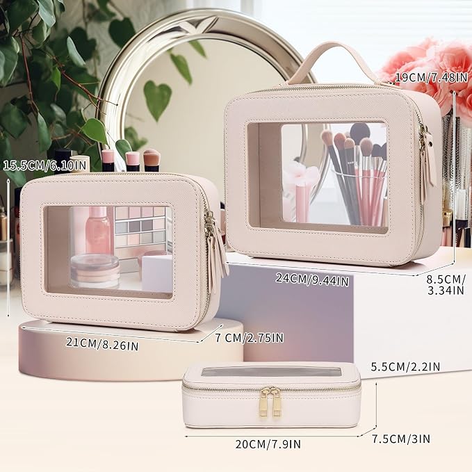 Pinkmik Clear Makeup Bag, (Beige, L+M+SLIM) | 3pcs, With Brush Bag, Waterproof Travel Case, For Cosmetics and Toiletries, With Zipper - Image 2