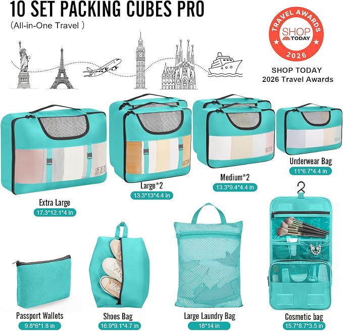 Veken 10 Set Packing Cubes for Travel Essentials, Suitcase Organizer Bags in 4 Sizes, Carry-On Luggage Accessories with Laundry Bag, Airplane Must Have with 99-Count Mesh Holes - Image 2