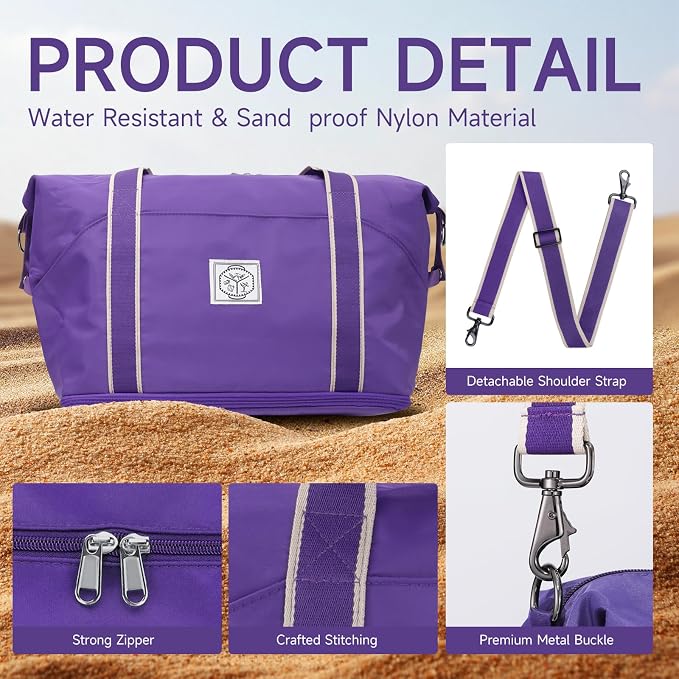 WALNEW Travel Duffel Bag, Weekender Bag for Women, Purple | Overnight Carry On Bag, Foldable Waterproof Gym Luggage with Metal Buckle Detachable Shoulder Strap and Wet Compartment - Image 6