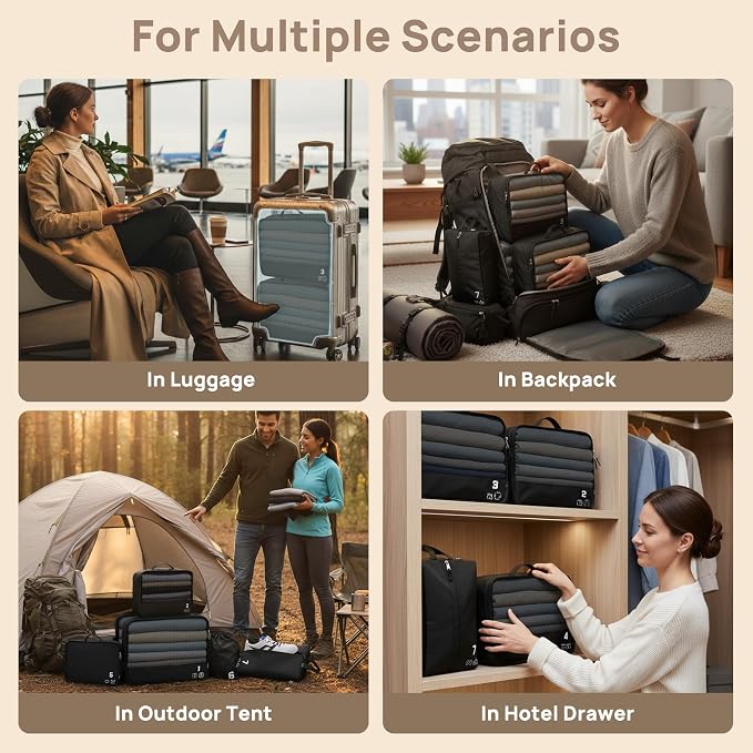 7 Set Compression Packing Cubes for Travel, Luggage Organizer Bags for Suitcases with Mesh Panels, Shoe Bag & Toiletry Bag for Carry On, Vacation & Cruise Essentials (Black) - Image 9